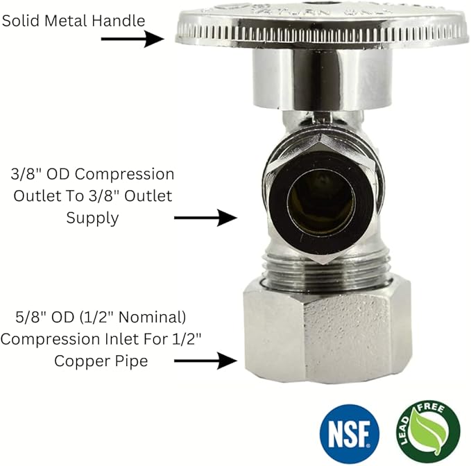 Angle Stop Valve 5/8" OD (1/2" Nominal) Compression x 3/8" OD Compression- Chrome Plated Brass ¼ Turn Angle Valve For Water Pipes, Toilets, Sinks- Lead-FreeWater Shut Off Valve, 2 Pack