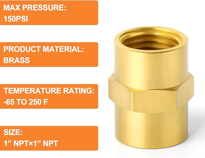 GASHER 2PCS Brass Pipe Fitting, Brass Coupling, 1-Inch Female Pipe x 1-Inch Female Pipe
