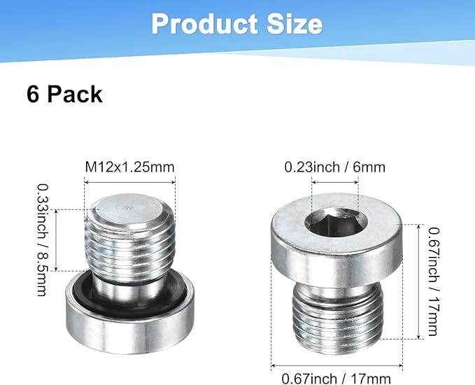 6-Pack M12x1.25mm Inner Hex Head Pipe Fitting Plug, Carbon Steel Sensor Socket Plug with Seal O-Ring for Terminate Pipe Ends/High Pressure Washer, Sealing Screw