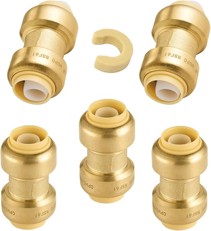 5-Pack Niikappu Push Fit Fittings, 3/4" x 3/4" Brass Plumbing Fittings to Connect PEX, Copper, CPVC, Brass Straight Coupling With Disconnect Clip(PF008-5Pack)