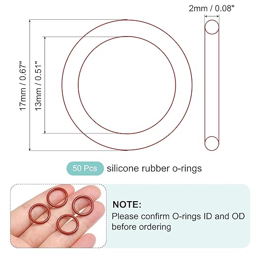 MECCANIXITY Silicone O-Ring 13mm ID 17mm OD 2mm Width Metric VMQ Sealing Gasket Replacement 50A Durometer for Plumbing Compressor Faucets Valves Repair (Red, Pack of 50)
