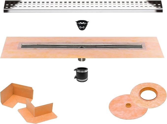 All-in-one Waterproof Linear Shower Drain Kit with 44 Inch Center Outlet Channel Body (KL1V60E110) and Drain Grate Assembly (Cover) in Square Design with Chrome Finish (KL1B19EP110)