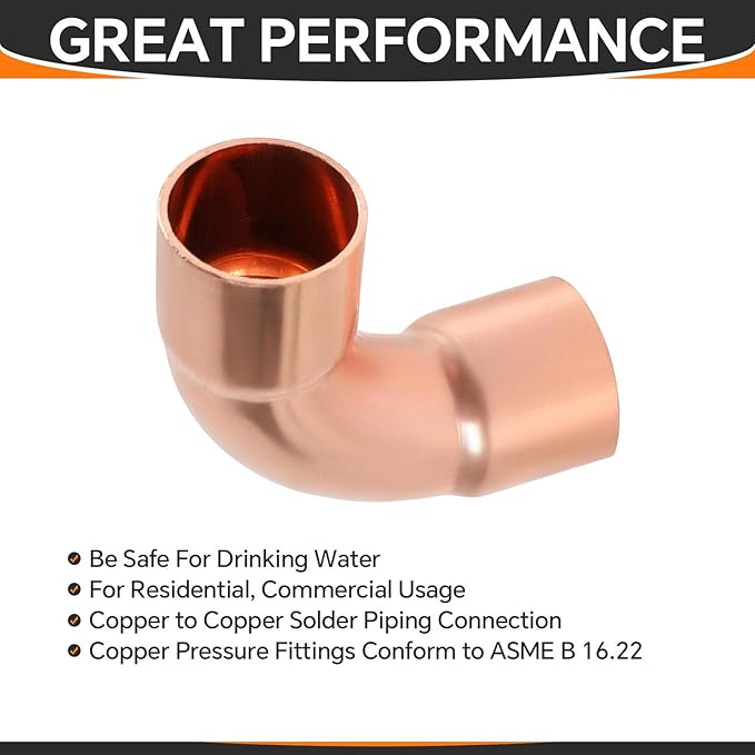 30-Pack HeSun Copper Fittings, 1/2-Inch Long Radius 90-Degree Copper Elbow, C x C with Sweat Solder Connection