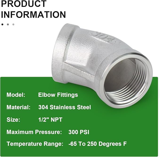 TAISHER 2PCS 304 Stainless Steel 45 Degree elbow,1/2 Inch NPT Female Pipe to 1/2 Inch NPT Female 304 Stainless Pipe Fitting