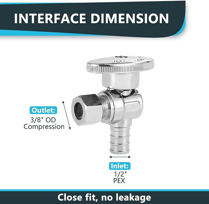 (Pack of 50) Seelink Pex Crimp 1/4 Turn Angle Stop Valve, 3/8" OD Compression x 1/2" Pex Barb Crimp (F1807), Chrome Plated Brass(VALVE076-50Pack)