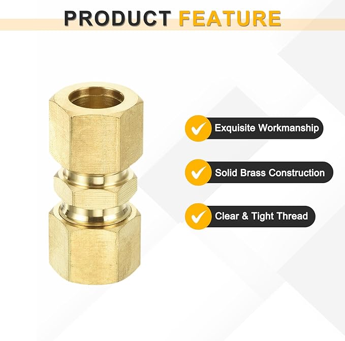 uxcell 5Pcs Brass Compression Tube Fitting, 1/2" Tube OD x 1/2" Tube OD Connector Straight Coupling Adapter Union Fittings