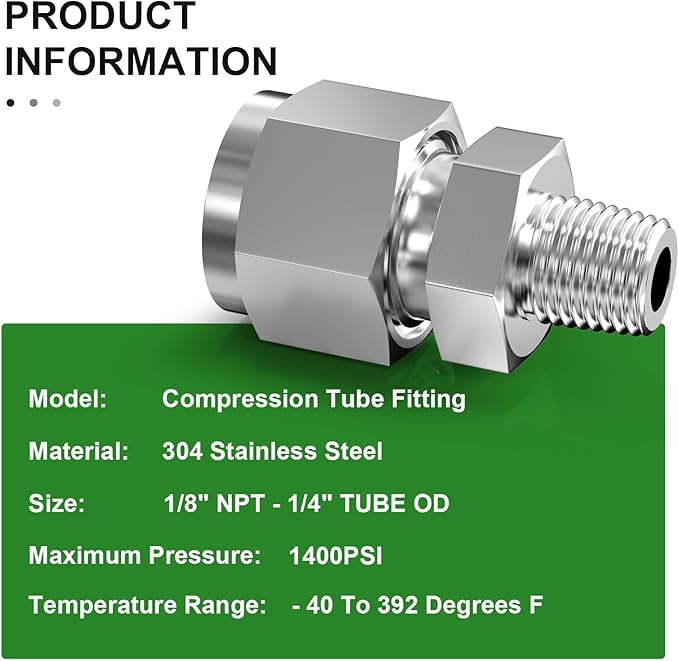 TAISHER 2PCS 304 Stainless Steel Compression Tube Pipe Fitting Connector, 1/4" Tube OD x 1/8" NPT Male Straight Adapter