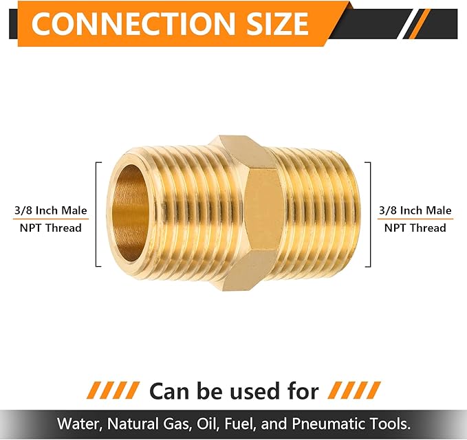 100-PCs HeSun Brass Hex Nipple Pipe Fitting, 3/8" NPT Male x 3/8" NPT Male Nipple Pipe Adapter(NPT012-100)