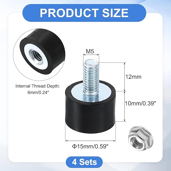 uxcell M5 Rubber Mounts, 4Pcs 15x10mm(DxH) Rubber Cylindrical Anti Vibration Isolator Shock Absorber with Lock Nuts for Car Bobbin Generator Air Compressors
