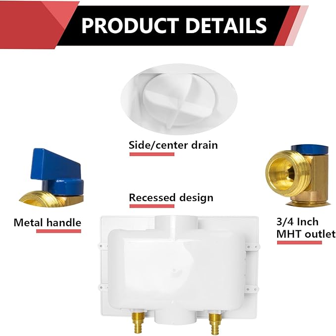 EFIELD Premium Washing Machine (Laundry) Outlet Box, 1/2-inch Pex Crimp Connection, Center Drain With Stainless Steel Water Hammer Arrestor,(WM028)
