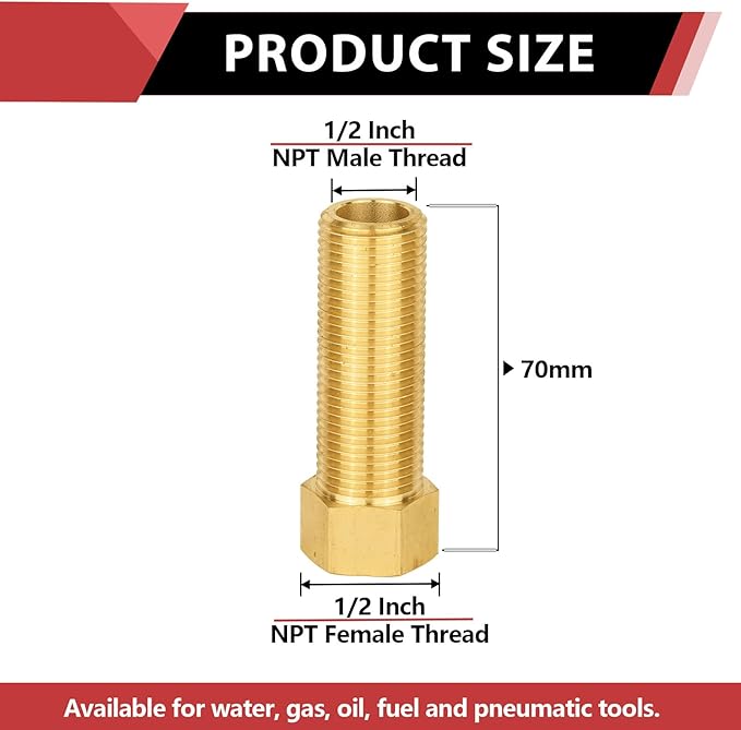 (Pack of 5) EFIELD 1/2" Male Pipe(NPSM) x 1/2" Female Pipe(NPSF) Extension Brass Fitting Adapter, 70MM Length, Hex Connector with Sealing Tape,(NPT139)