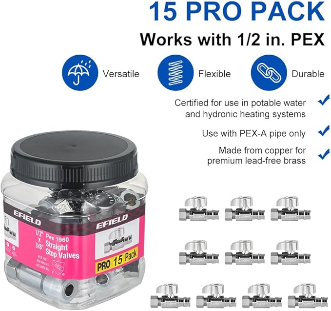 Pro 15-Pack EFIELD Stop Valve Pex-A 1/4 Turn Straight Stop Valve 3/8" OD Compression X 1/2" Pex Expansion, Chrome Plated LF Brass, Heavy Duty,(VALVE381)