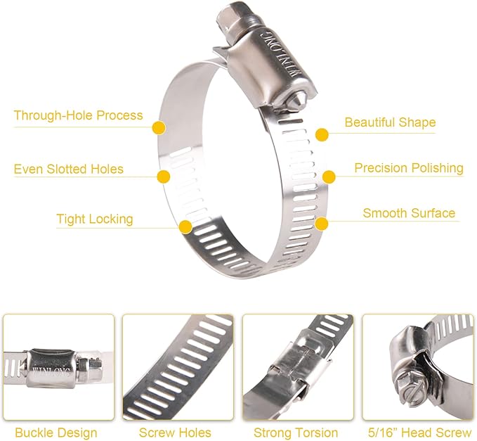 Winlong 1 1/2'' Stainless Steel Hose Clamps, 15PK SAE 24 Worm Gear 1.5'' Hose Clamps Adjustable 1 inch-2 Inch (25-51mm) for Automotive Plumbing, 1 1/2’’, 1 3/4'', 1 1/4’’