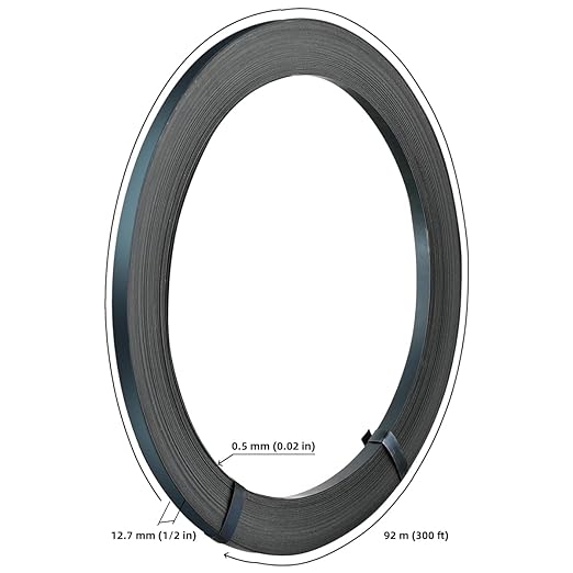 Steel Strapping Coil 1/2” Wide, 300 ft(Long) x 0.02", Black Packaging Steel Strapping Roll, 1500 lbs Break Strength, Tensile Strength for Heavy Loads, Pallet Strapping