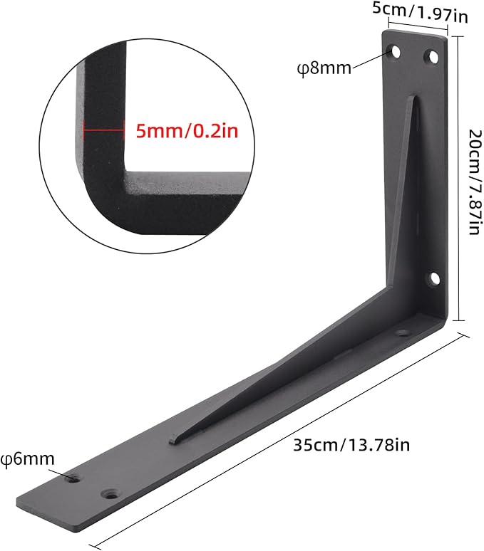 YUMORE Countertop Support Bracket Heavy Duty 14x8x2 in, 1/5IN Thicken Solid L Brackets Countertop Bar Shelf Bracket, Includes Hardware, Matte Black, 2 Pack