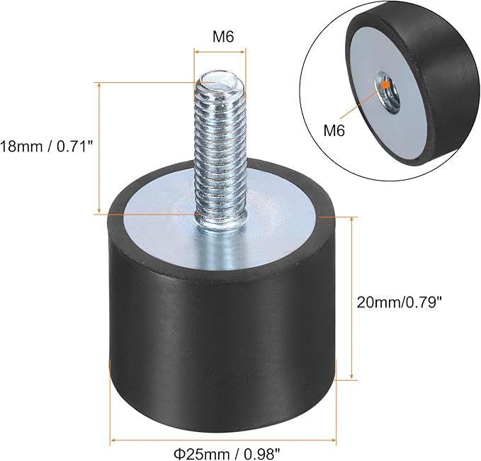 uxcell 6pcs M6x18mm Rubber Isolator Mounts with Studs 25x20mm Male Female Vibration Shock Absorber Zinc Plated Cylindrical Thread Mounts Anti Vibration Isolators with 6pcs M6 Lock Nuts