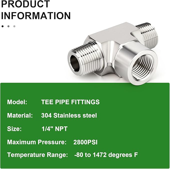 TAISHER 1PCS Forging of 304 Stainless Steel Tee Pipe Fittings, 1/4" NPT Male x 1/4" NPT Female x 1/4" NPT Male Pipe Fittings, Female Branch Tee