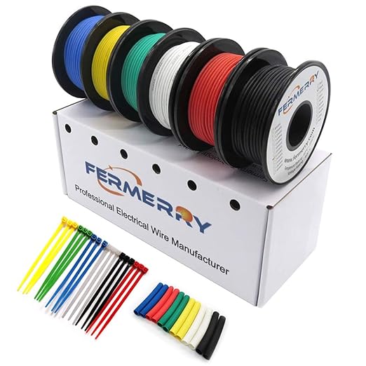 Fermerry 14 AWG Stranded Wire Spool 25ft Each 6 Colors Flexible 14 Gauge Silicone Hook up Wire Kit Electrical Tinned Copper Wire