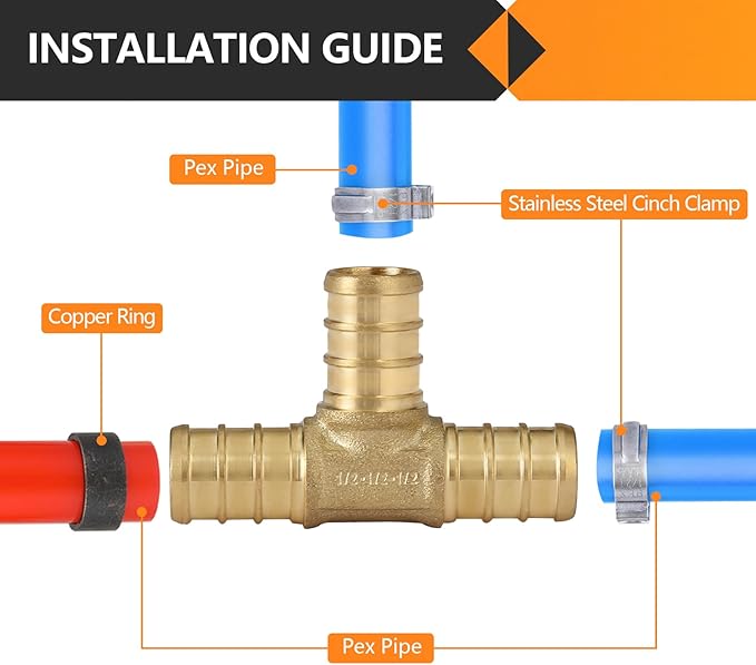 HeSun 20-Pack PEX Fittings, 1/2"x1/2"x1/2" Pex Tee, Brass Crimp Fitting for Pex Pipes, ASTM F1807