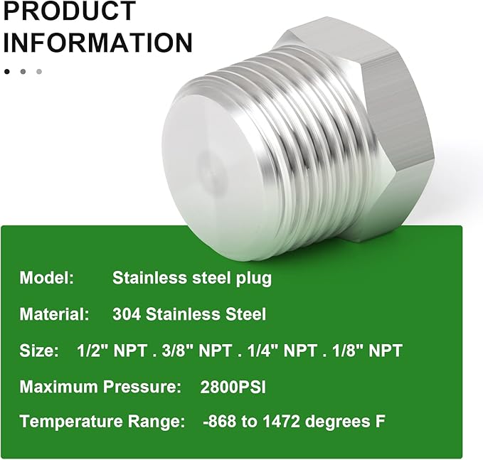 TAISHER 16PCS Stainless Steel Outer Hex Thread Socket Pipe Plug Fitting 1/8" 1/4" 3/8" 1/2" NPT Male