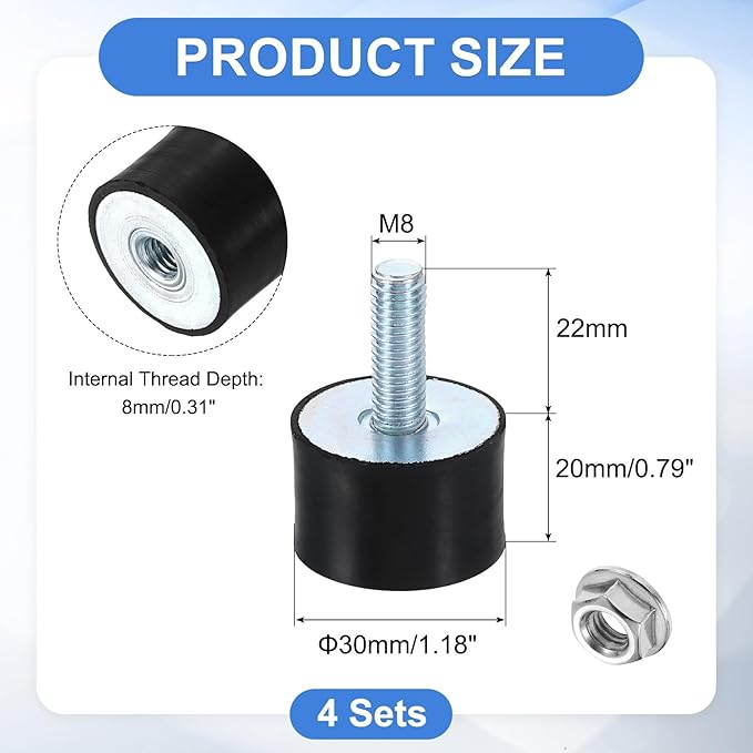 uxcell M8 Rubber Mounts, 4Pcs 30x20mm(DxH) Rubber Cylindrical Anti Vibration Isolator Shock Absorber with Lock Nut for Car Bobbin Generator Air Compressors