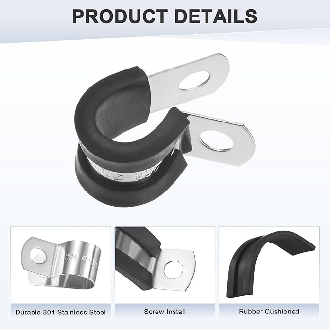 20-Pack Cable Clamps, 25/64 Inch/ 10 mm 304 Stainless Steel Rubber Cushioned Insulated Cable Clamp R Shape Metal Holder for Tube/Wire/Pipe/Loop Installation