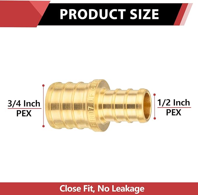 (Pack of 10) EFIELD Barb Crimp Pex 1/2 Inch x 3/4 Inch Reducing Coupling Brass Fitting,(PEX1807012)