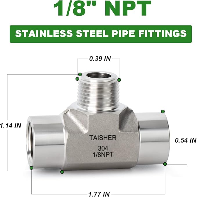 TAISHER 2PCS Forging of 304 Stainless Steel Tee Pipe Fittings, 1/8" NPT Female x 1/8" NPT Male x 1/8" NPT Female Pipe Fittings, Male Branch Tee