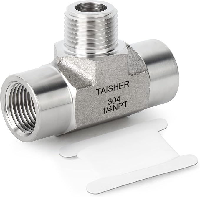 TAISHER 1PCS Forging of 304 Stainless Steel Tee Pipe Fittings, 1/4" NPT Female x 1/4" NPT Male x 1/4" NPT Female Pipe Fittings, Male Branch Tee