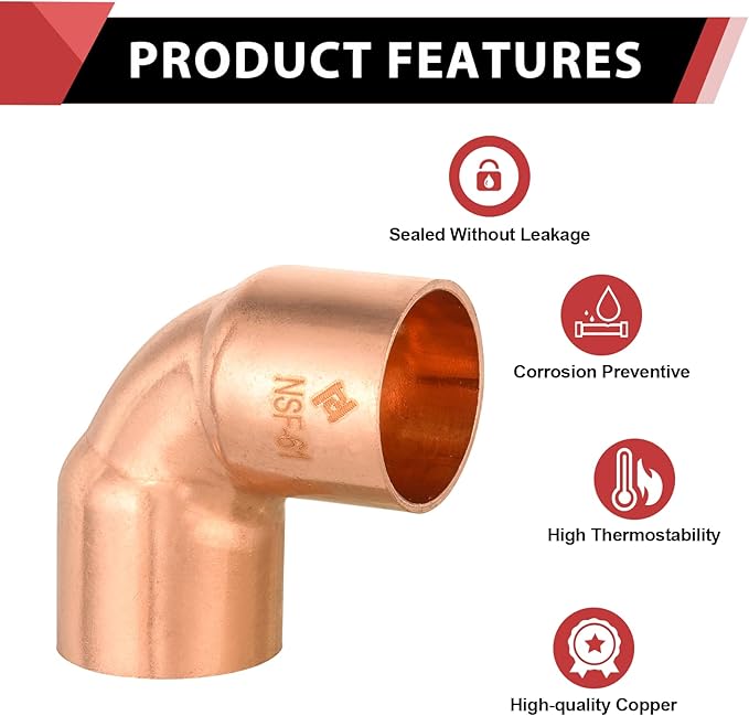EFIELD 1-1/4" C X C Short Radius Copper 90 Degree Elbow, LF Copper Plumbing Fittings with Sweat Solder Connection,(COPPER076)