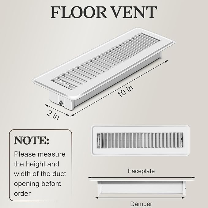 2 PCS Floor Vents Floor Registers 2x10 inch, Heavy Duty Metal Heat Air Vent Covers 2 X 10 with Rust Proof Finish for Home Office Wall Floor Registers Grilles & Vents (2, White, 2x10 Inches)