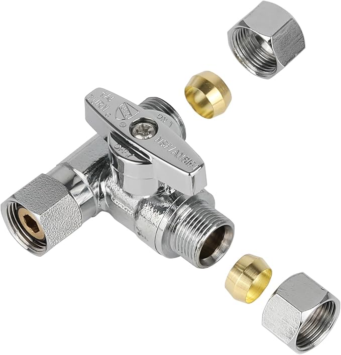 (Pack of 20) EFIELD 1/4-Turn Stop Tee Compression Stop Valve, 3/8" OD x 3/8" OD x 1/4" OD, Chrome Plated Brass, UPC Certified,(VALVE463-20PCS)