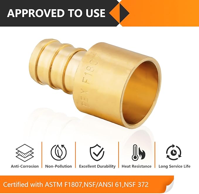 50-Pack HeSun PEX Fittings, 1/2" PEX x 1/2" Female Sweat Adapter (Over Copper Tube), Brass Crimp Fitting for ASTM F1807(PEX1807127-50)