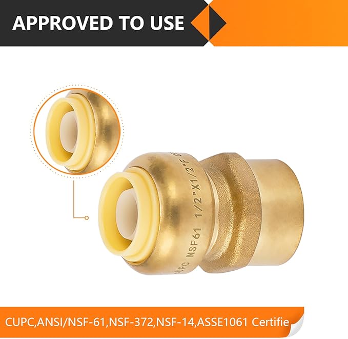 10-Pack HeSun Pushfit Female Adapter, 1/2" FNPT x 1/2" Push to Connect Plumbing Fittings with Disconnect Clip, Brass Push-fit Fittings for PEX, Copper, CPVC, PE-RT Pipes(PF030-10)