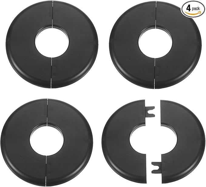 HARFINGTON 4pcs Wall Split Flange 33.5mm/1.3" Self-Adhesive Plumbing Cover Plates ABS Plastic Round Escutcheon Plate Buckle Design for Water Pipe Bathroom Kitchen Decoration, Black
