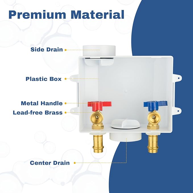 30-PACK GUOFIS Washing Machine Outlet Box, PEX Laundry Washer Box with Central and Side Drain Design(1/2"Copper Press Connection Inlet X 3/4"MHT Outlet)(WM055-30Pack)