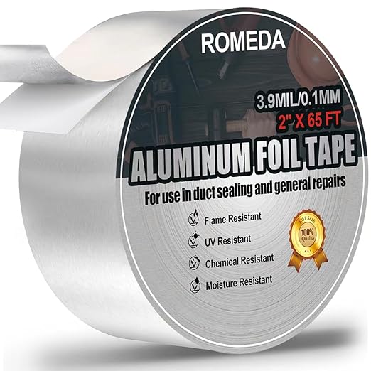 Romeda Aluminum Foil Tape, 2 inch x 65 Feet Foil Tape (3.9 mil), Silver Insulation Adhesive Metal Tape, High Temperature Heavy Duty HVAC Tapes for Ductwork, Dryer Vent, HVAC