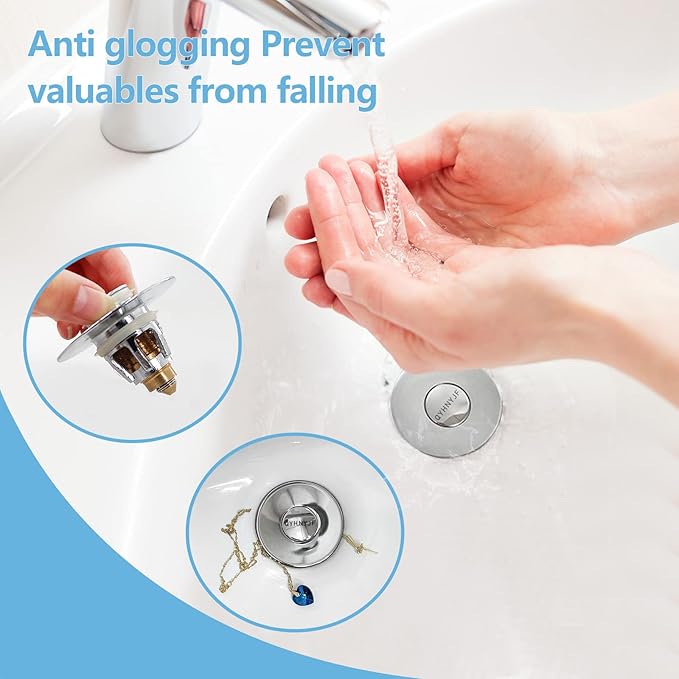 Bathroom Sink Stopper with Hair Catcher – Universal Pop-Up Drain Strainer for 1.1–1.5 inch US Standard Sink Drain Holes, Anti-Clog Basin Stopper, Silver
