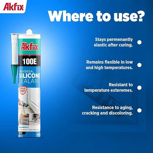 Akfix 100E RTV White Silicone Caulk (2x10.1 fl.oz.) - 100% Waterproof Silicone Sealant for Kitchen and Bathroom, Shower, Toilet, Sink, Window and Door, No Yellowing | White, 2 Pack