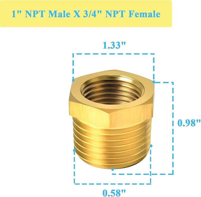 2 PCS Brass Reducer Hex Bushing Threaded Pipe Fitting 1" NPT Male x 3/4" NPT Heavy Duty Brass Fitting Pipe Hose Tube Adapter Convert