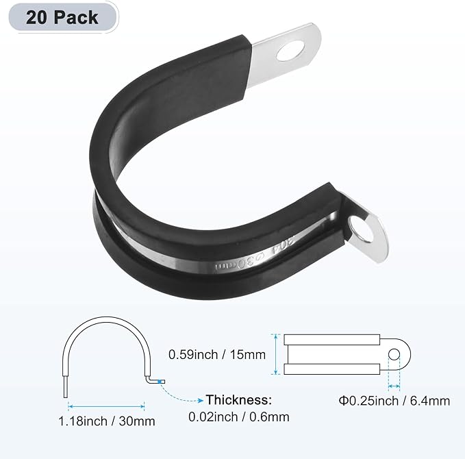 20-Pack Cable Clamps, 1-3/16 Inch/ 30 mm 304 Stainless Steel Rubber Cushioned Insulated Cable Clamp R Shape Metal Holder for Tube/Wire/Pipe/Loop Installation