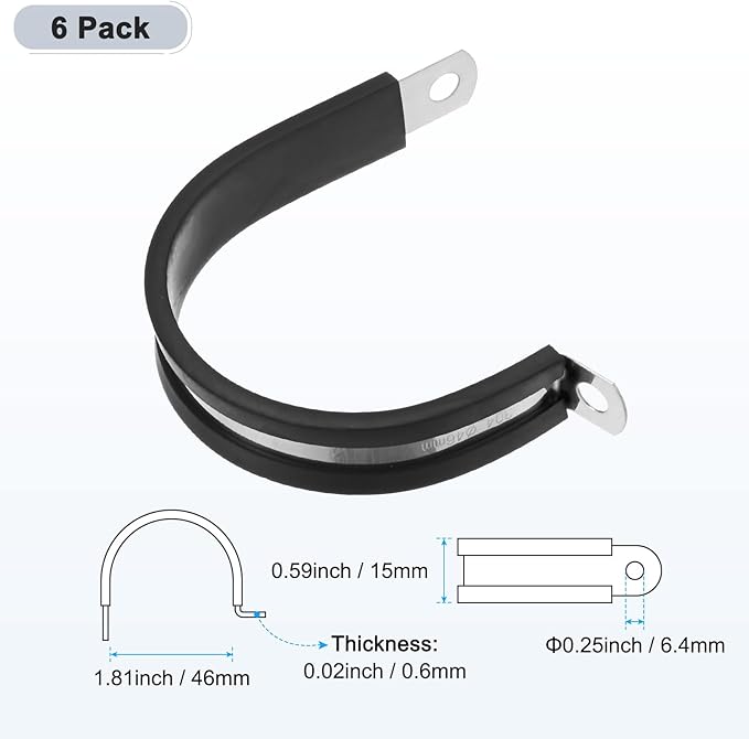 6-Pack Cable Clamps, 1-13/16 Inch/ 46 mm 304 Stainless Steel Rubber Cushioned Insulated Cable Clamp R Shape Metal Holder for Tube/Wire/Pipe/Loop Installation