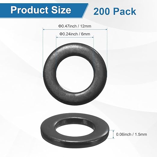 50-Pack M6 Flat Washers, Metric 12mm OD 1.5mm Thick 304 Stainless Steel Washers for Bolts Screws Nuts for Automotive/Machinery/Furniture, Flat Metal Washers [Black Galvanized]