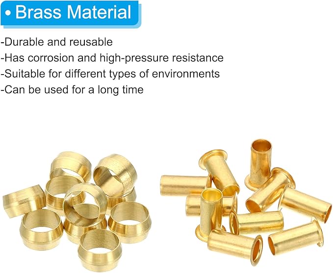 PATIKIL Brass Compression Sleeves Ferrules for 3/8 Inch OD Hose Tube, 20 Pack Brass Ferrule Brass Compression Insert Fitting Assortment Kit for Air Water Gas Pipe