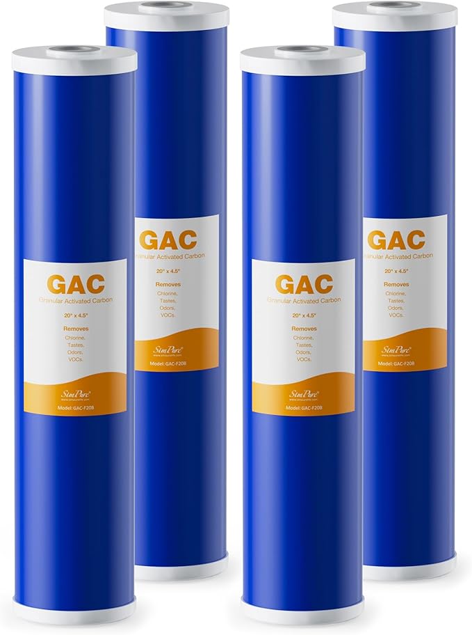 SimPure Whole House Water Filter Cartridges 20" x 4.5" GAC Granular Carbon Filter, For DB20P, DB20P-3, WHB20, GAC-20BB, RFC20-BB, 4 Pack