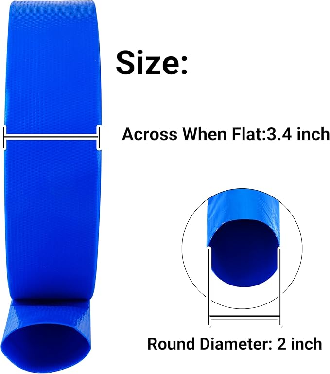 2" (Flat 3.4’’ width) x 100 FT Pool Backwash Hose Kit with Male NPT Adapter, Blue Reinforced Pool Drain Discharge Hose for Swimming Pool Filter Pump,with 2 Clamp and Thread Seal Tape