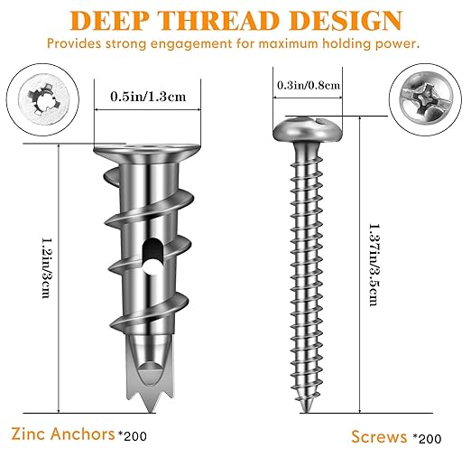 400 Pieces Zinc Self Drilling Drywall Anchors with Screws Kit, Bulk Heavy Duty Metal Wall Anchors and #8 x 1-1/4'' Screw (200 Anchors+200 Screws) Includes