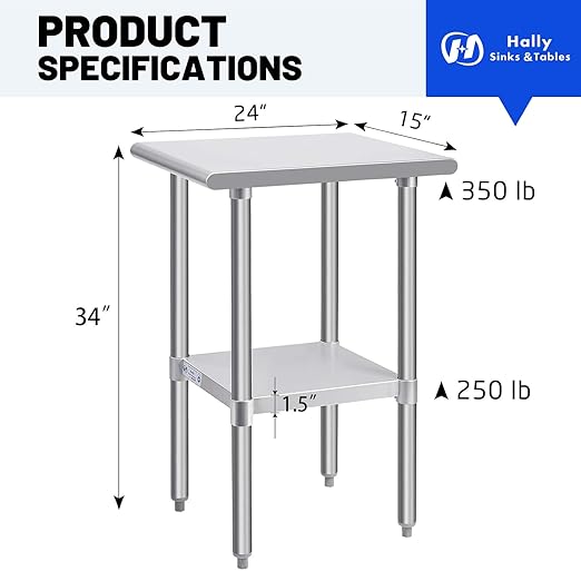 Hally Stainless Steel Table for Prep & Work 24 x 15 Inches, NSF Commercial Heavy Duty Table with Undershelf and Galvanized Legs for Restaurant, Home and Hotel