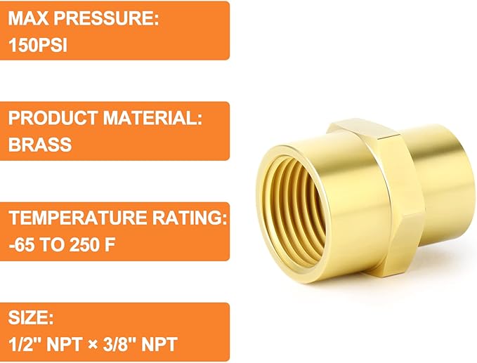GASHER 5PCS Brass Pipe Fitting, Coupling, Reducer Adapter, 1/2" x 3/8" NPT Female