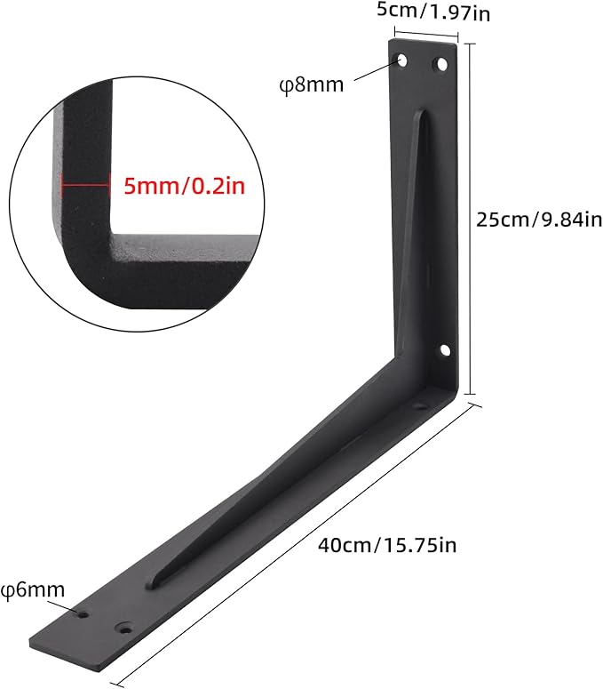 YUMORE Countertop Support Bracket Heavy Duty 16x10x2 in, 1/5IN Thicken Solid L Brackets Countertop Bar Shelf Bracket, Includes Hardware, Matte Black, 2 Pack